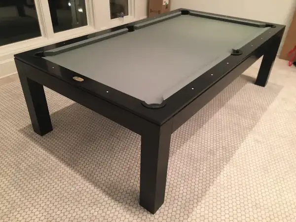 used legacy billiards pool table for sale in houston, modern table with gray cloth after inspection and leveling