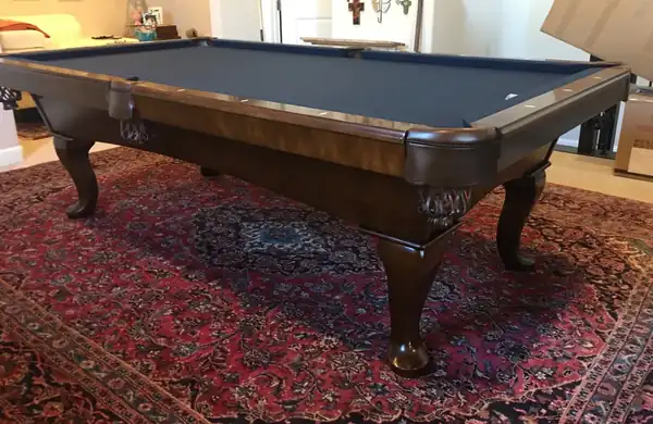 used imperial international pool table for sale in houston, carved wood table with navy blue cloth after full service