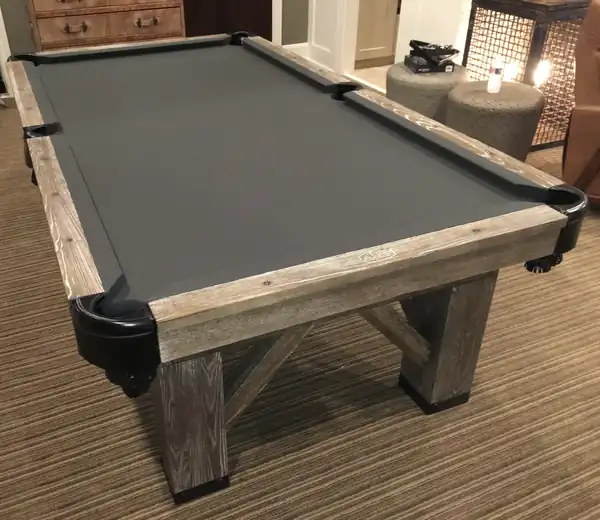 used legacy billiards pool table for sale in houston, rustic gray and white wood table with straight legs and gray cloth