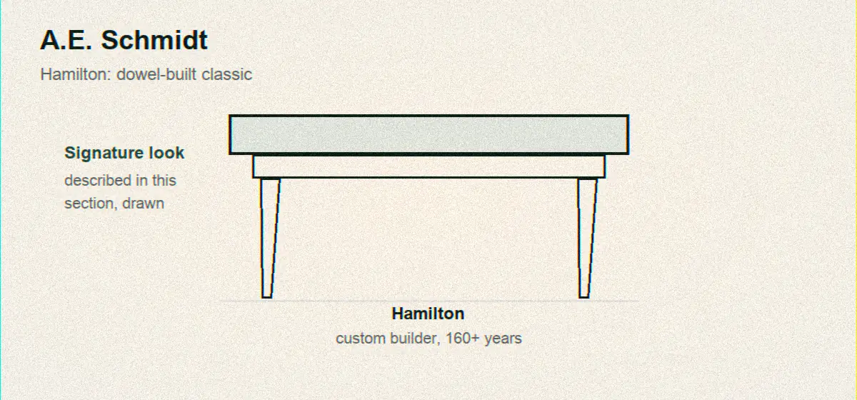 A.E. Schmidt Hamilton drawn with tapered legs and dowel-built classic joinery, 160 years of custom building